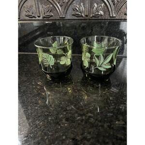 Libbey Apollo Old Fashion Glasses Green Leaves Vintage Set of 2